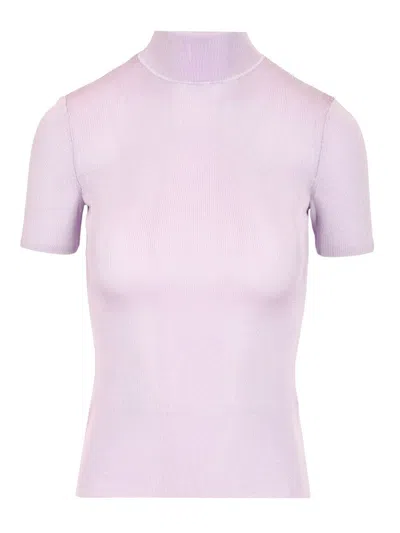 Self-portrait Short Sleeve Viscose Knit Knitwear Violet In Pink