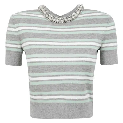 Self-portrait Gray Striped Crystal Trim Jersey In Animal Print