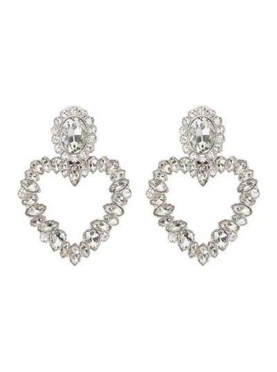 Self-portrait Silver-colored Heart-shaped Earrings With All-over Applied Crystals In Brass Woman