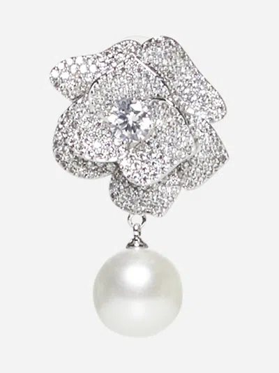 Self-portrait Crystal Flower Pearl Earrings In Silver