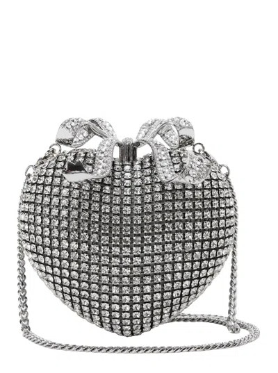 Self-portrait Silver Crystal Heart Clutch In Metallic