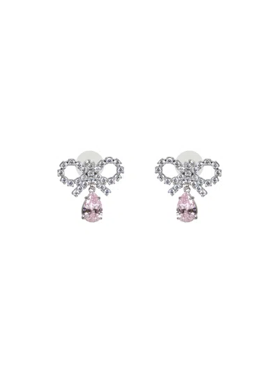 Self-portrait Silver Micro Bow Pink Droplet Earrings