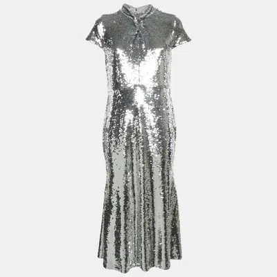 Pre-owned Self-portrait Silver Sequin Twist Neck Detail Midi Dress M