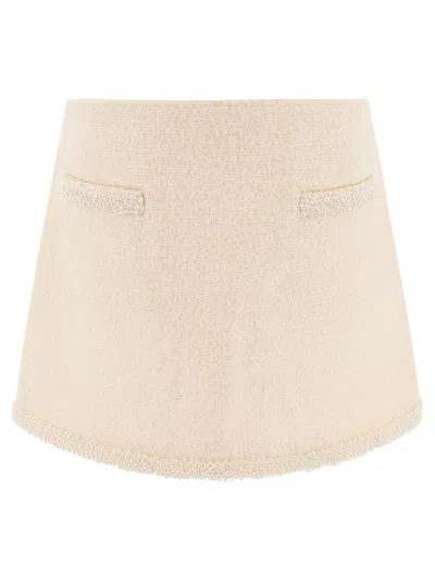Self-portrait Beige Miniskirt With Faux-pearls Embellishments In Tech Fabric Woman