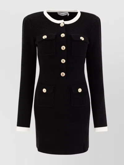 Self-portrait Sleeve Textured Button Pocket Trim Dress In Black
