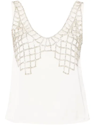 Self-portrait Rhinestone-embellished Sleeveless Blouse In White