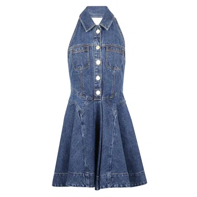 Self-portrait Sleeveless Blue Denim Dress With Flared Hem
