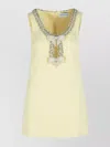Self-portrait Yellow Crewneck Mini Dress With Jewel Embellishment On The Collar And Bow Detail On The Front In Tec In Nude