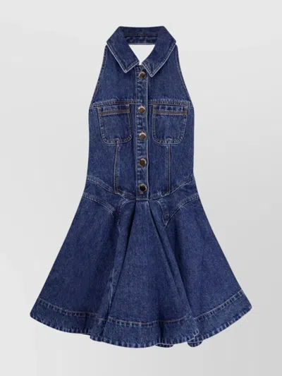 Self-portrait Sleeveless Denim Flared Mini Dress In Blue