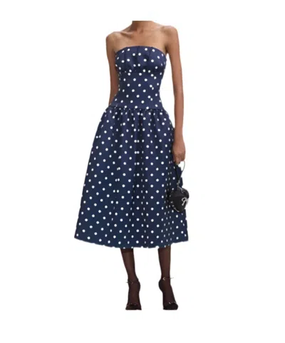Self-portrait Polka Dot Satin Midi Dress In Navy In Blue