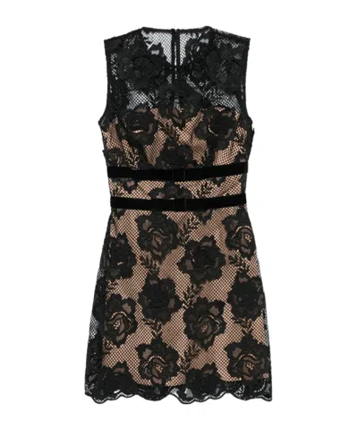 Self-portrait Black Crewneck Mini Dress With Lace Embellishments And Semi Sheer Design