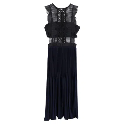 Self-portrait Sleeveless Pleated Lace Dress In Navy Blue Polyester