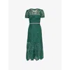 Self-portrait Womens Green Slim-fit Square-neck Woven-blend Midi Dress In Green