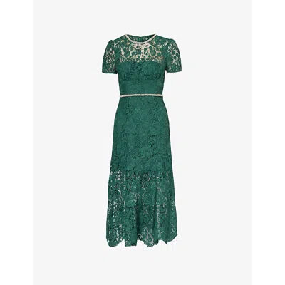 Self-portrait Womens Green Slim-fit Square-neck Woven-blend Midi Dress