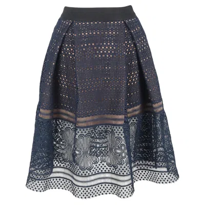 Self-portrait Sofia Pleated Lace Midi Skirt In Navy Blue Polyester