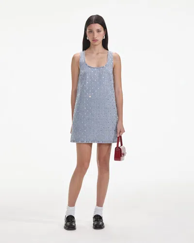 Self-portrait Square Rhinestone Denim Mini Dress In Blue