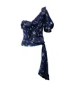 Self-portrait Self Portrait Star Embellished One Shoulder Top In Navy Blue Polyester