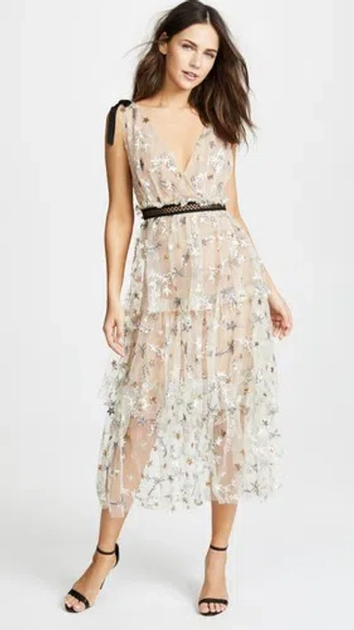 Pre-owned Self-portrait Star Mesh Midi Dress 100% Authentic Brand Ask Your Size2461012 In Beige
