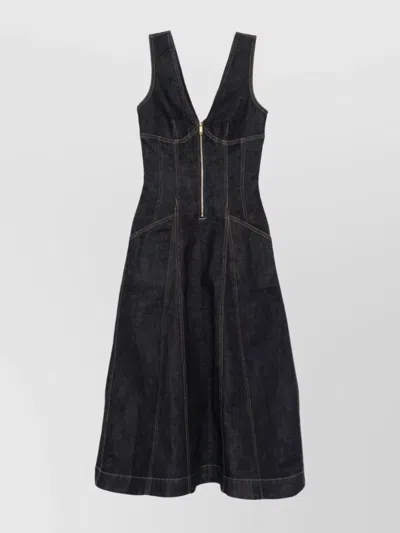 SELF-PORTRAIT STITCHED DENIM MIDI DRESS POCKETS