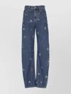 Self-portrait Wide-leg Cotton Jeans With Strass Floral Embellishments In Blue