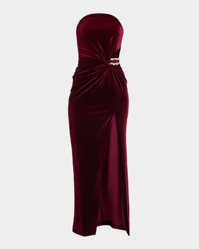 Self-portrait Strapless Cutout Embellished Gathered Velvet Maxi Dress In Brown