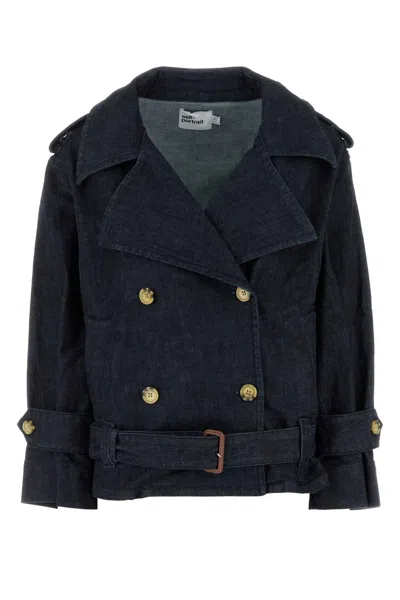 Self-portrait Stretch Denim Trench Coat In Blue