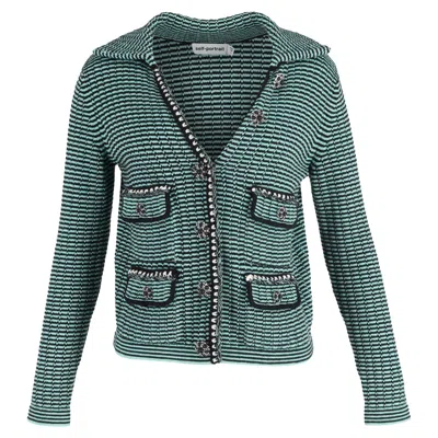Self-portrait Stripe Pocket Detail Collared Cardigan In Green Wool
