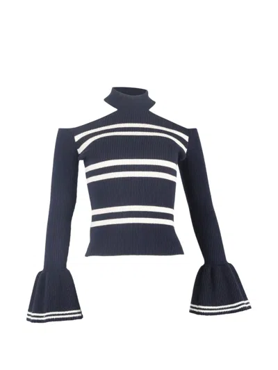 Pre-owned Self-portrait Striped Cold-shoulder Top In Blue