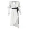 Self-portrait Striped Crepe Ruffled Belted Midi Dress In White Polyester In White