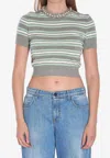 Self-portrait Grey Striped Crystal Trim Knit Sweaters And Cardigans Gray In Gray