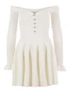 Self-portrait Off-the-shoulder Pleated Ribbed-knit Mini Dress In Weiss