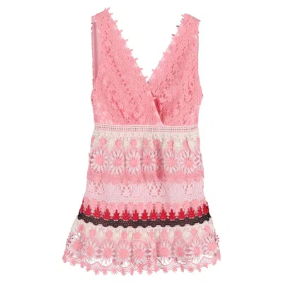 Self-portrait Striped Floral Guipure Mini Dress In Pink Polyester