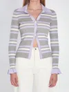 Self-portrait Grey Cardigan With Spread Collar And All-over Striped Motif In Viscose Blend Woman In Gray