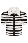 Self-portrait Cream And Black Striped Crochet Top Cream Black In Green