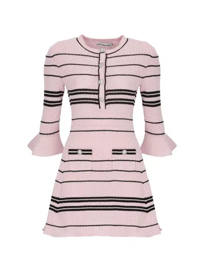 Self-portrait Knit Dress Knee Length Striped Pattern Pockets In Pink