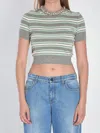 Self-portrait Striped Cropped T-shirt In Gray