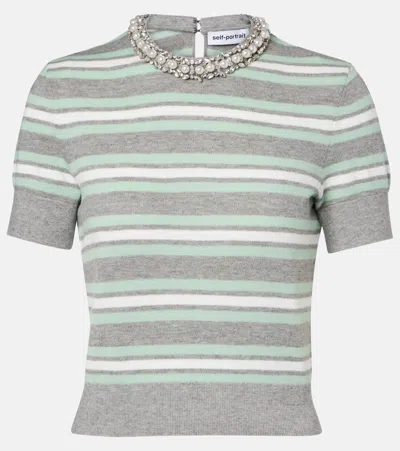 Self-portrait Striped Wool, Cotton, And Cashmere Sweater In Brown