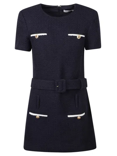 Self-portrait Structured Blue Mini Dress With Fitted Bodice And Flared Skirt In Black