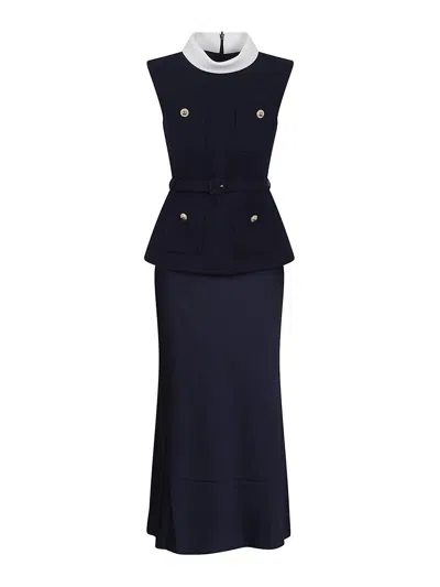 SELF-PORTRAIT STRUCTURED BOUCLE DRESS AND SHINY SATIN