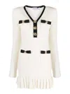 Self-portrait White Mini Dress With Notched Collar And Contrasting Trim In Viscose Blend Stretch Woman In Beige