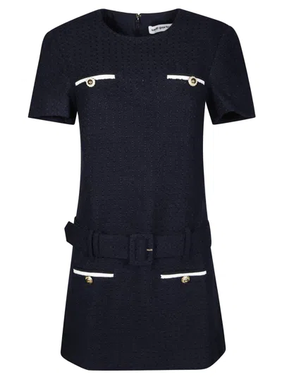 Self-portrait Structured Mini Dress With Belted Waist In Blue