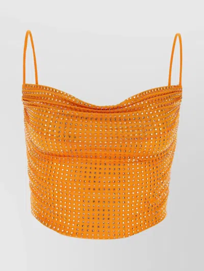 Self-portrait Cropped Crystal-embellished Stretch-mesh Top In Orange