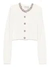 Self-portrait Cropped Sweater With Textured Boucle Knit And Crystal Embellishments In White