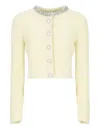 Self-portrait Cropped Cable Knit Cardigan With Pearl Buttons In Yellow