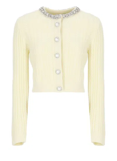 Self-portrait Cropped Cable Knit Cardigan With Pearl Buttons In Nude