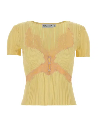 Self-portrait Ribbed Knit Top With Lace Trims In Neutral