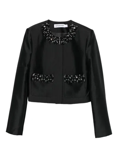 Self-portrait Taffeta Embellished Trim Jacket In Black