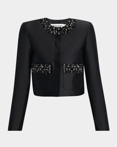 Self-portrait Taffeta Embellished-trim Jacket In Black