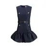 Self-portrait Crew Neck Taffeta Mini Dress With Ruffled Hem In Blue