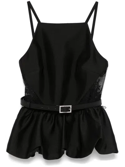 Self-portrait Lace Panel Peplum Top With Removable Belt In Black